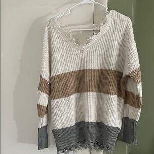 Striped V-Neck Distressed Sweater